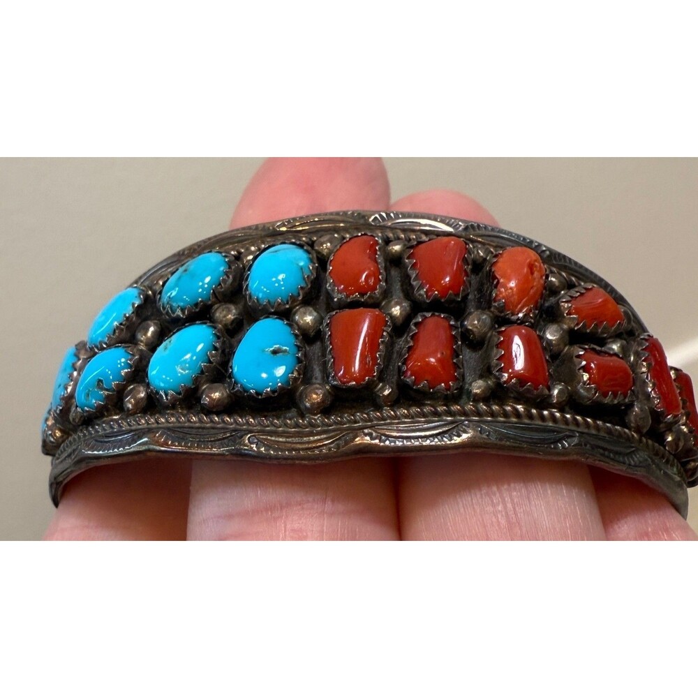 Navajo Yellowhorse Turquoise Coral Sterling Silver Cuff Bracelet Native American - Picture 8 of 16